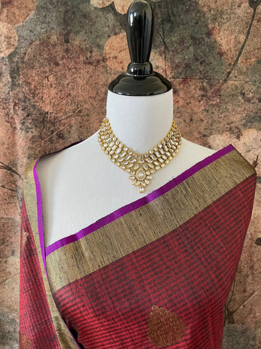 Dupion Pure Silk Saree | Black | Maroon & Purple, Antique Zari, Handwoven in Banaras | Ships from California